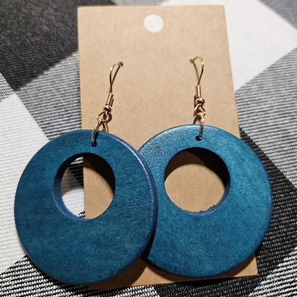 Handmade Wooden Circle Cut Out Dark Turquoise 2.75in Dangle Earrings New - Picture 2 of 3